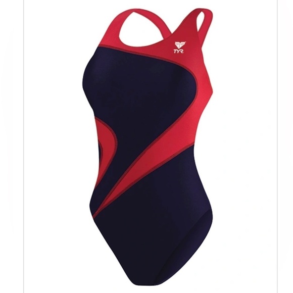 TYR Girls' Maxfit Swimsuit Atle- T-Splice navy/red size 8. - Picture 1 of 6